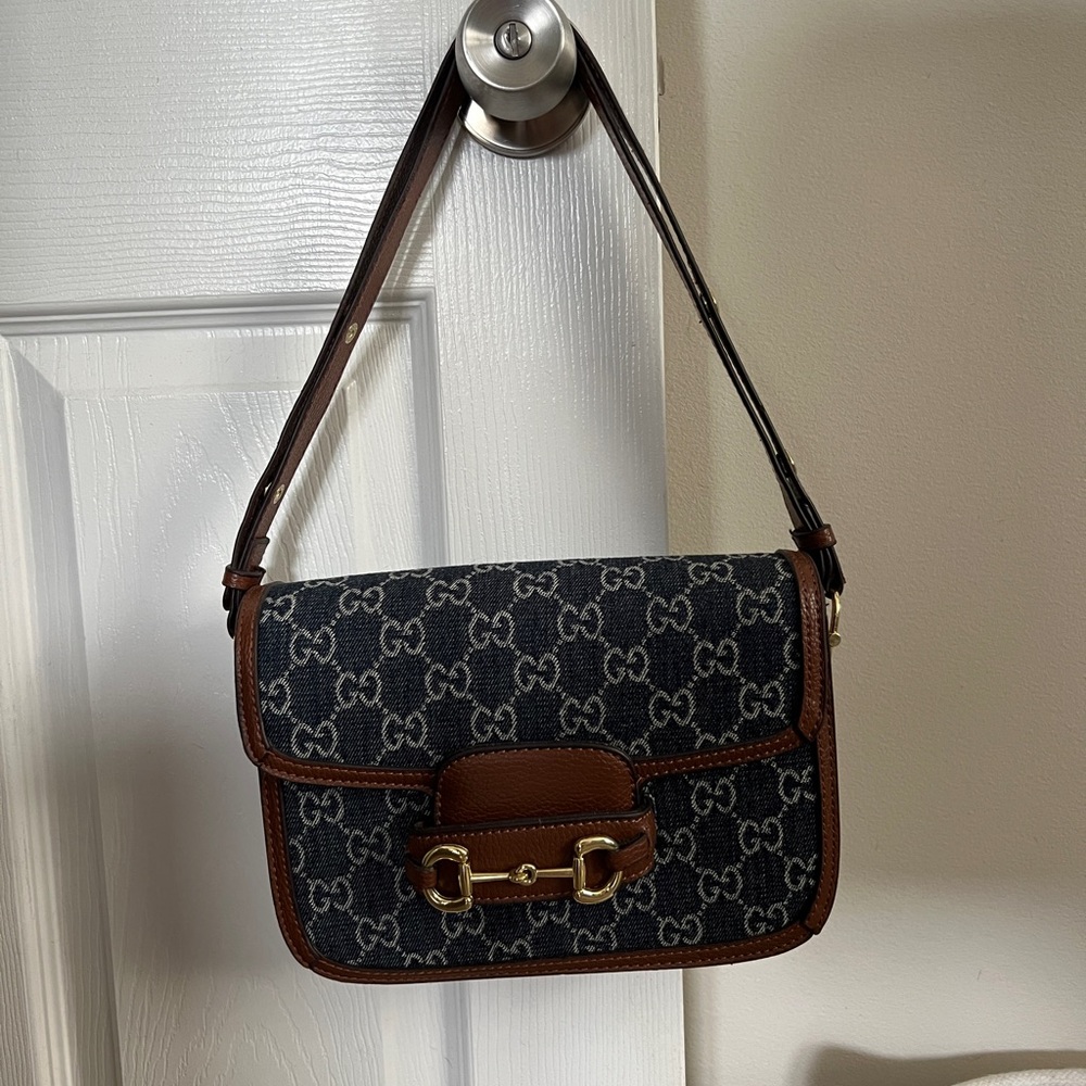 ✨GG✨ 1955 Hoursebit Shoulder Bag with Signature Monogram on Denim